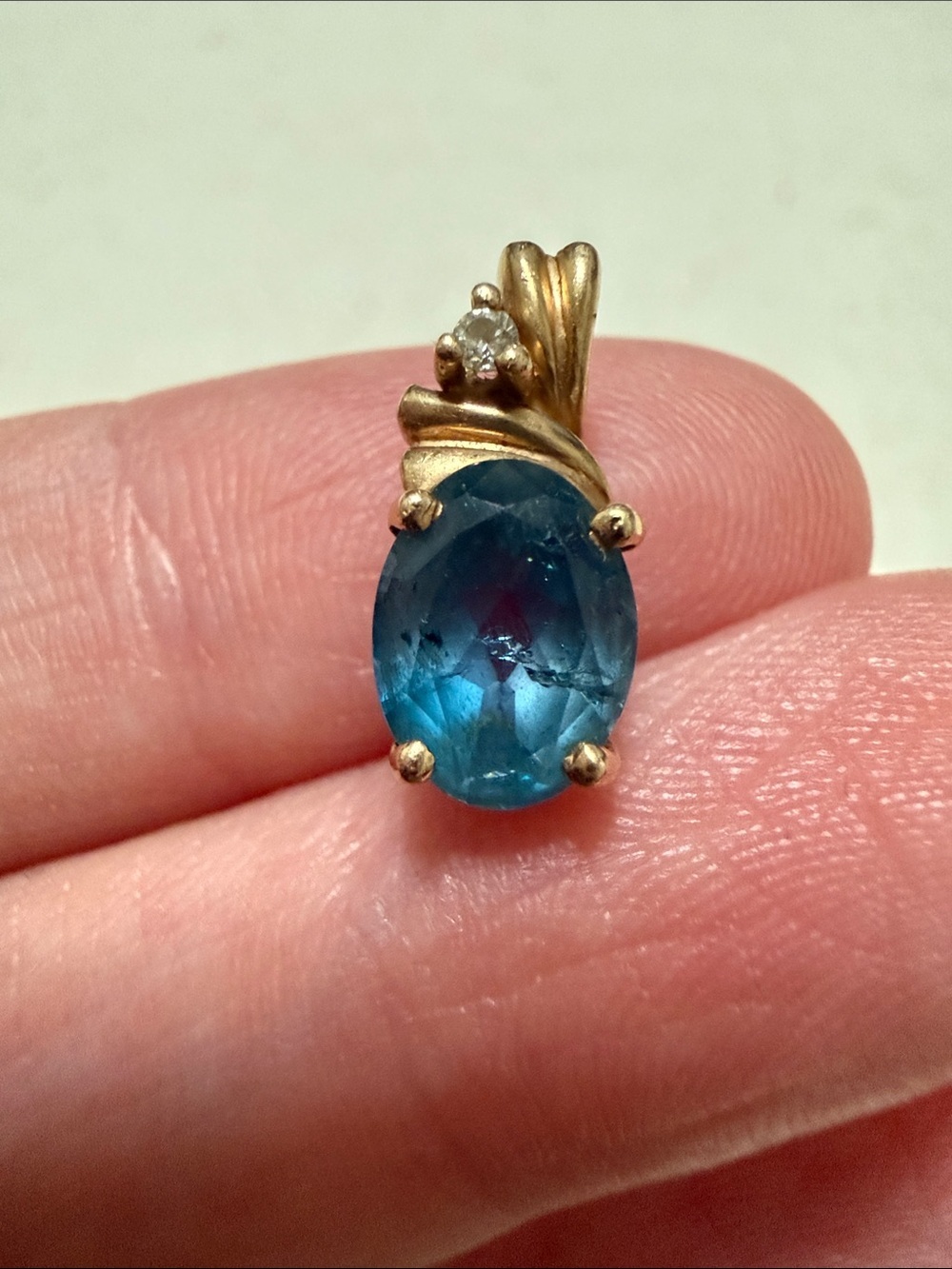 Beautiful Blue Topaz 14K Gold & Diamond Oval Pendant